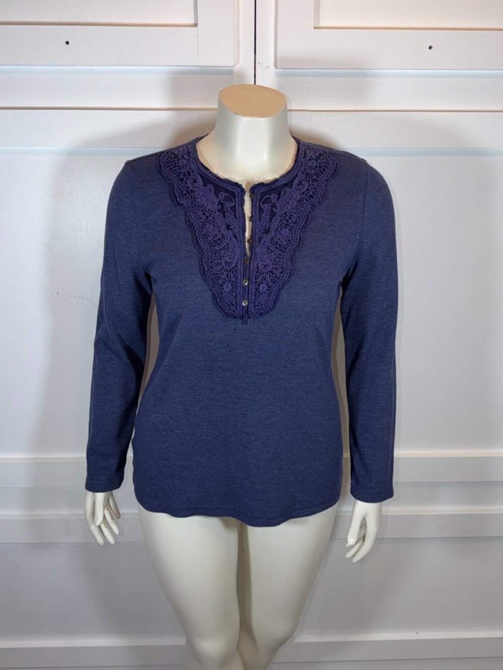 Lace Trim Long Sleeve Top Women M Purple